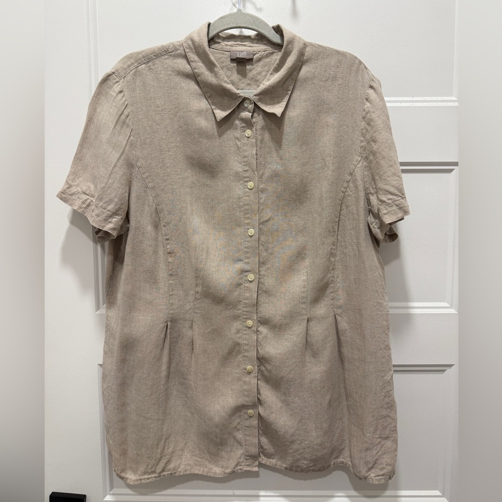 J.Jill 100% Linen Button Front Shirt Women’s XL Neutral Beige Short Sleeve